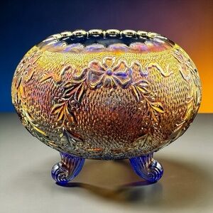 Antique Fenton Carnival Glass Garland - Bows Blue Rose Bowl Vase Gold Iridescent